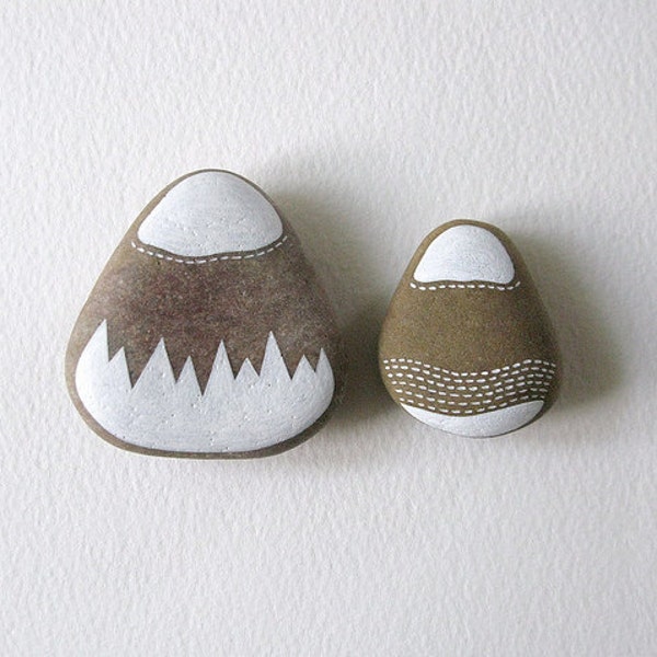 two handpainted beach pebbles // big mountain little mountain // by natasha newton