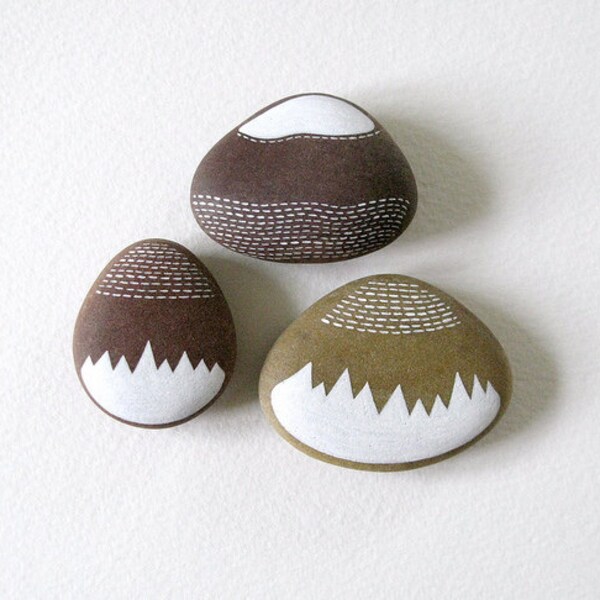 three handpainted beach pebbles // mountain range 3 // by natasha newton