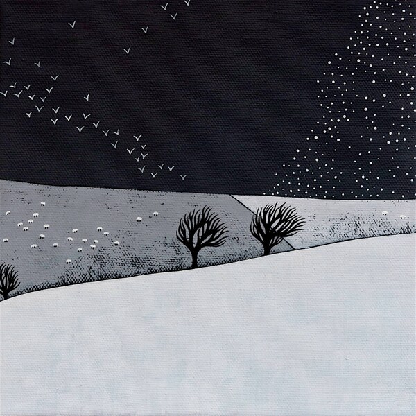 Snow Storm Coming - copie d’archives de 8 x 8 - paysage d’hiver peinture - Art minimaliste, oiseaux - par Natasha Newton