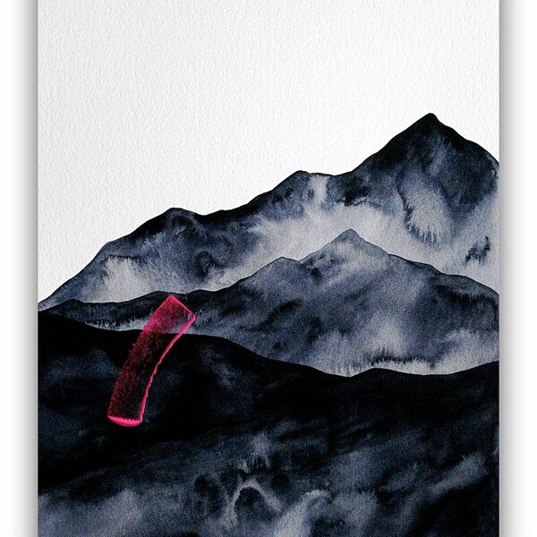 STUDIO vente - Dark montagnes 3 - grand 16 x 12 aquarelle peinture contemporaine - Art minimaliste, gris, rose néon - Natasha Newton