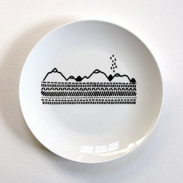 STUDIO SALE - Mountain Landscape - Decorative Ceramic Plate with a Hand-Painted Design - Black and White Decor - by Natasha Newton