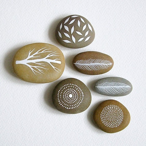 Air and Earth 4 - Collection of 6 Painted Stones with Nature Inspired Designs - by Natasha Newton