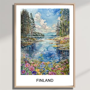 Finland Travel Print: Watercolor Lake Landscape (Downloadable Print)