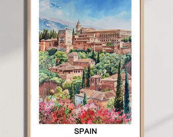 アルハンブラ宮殿の水彩画：グラナダ、スペインの旅行ポスター