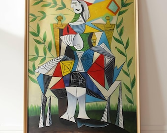Seated Woman in a Garden: 1938 Cubism Classic Wall Art by Pablo Picasso Spanish Expatriat Painter