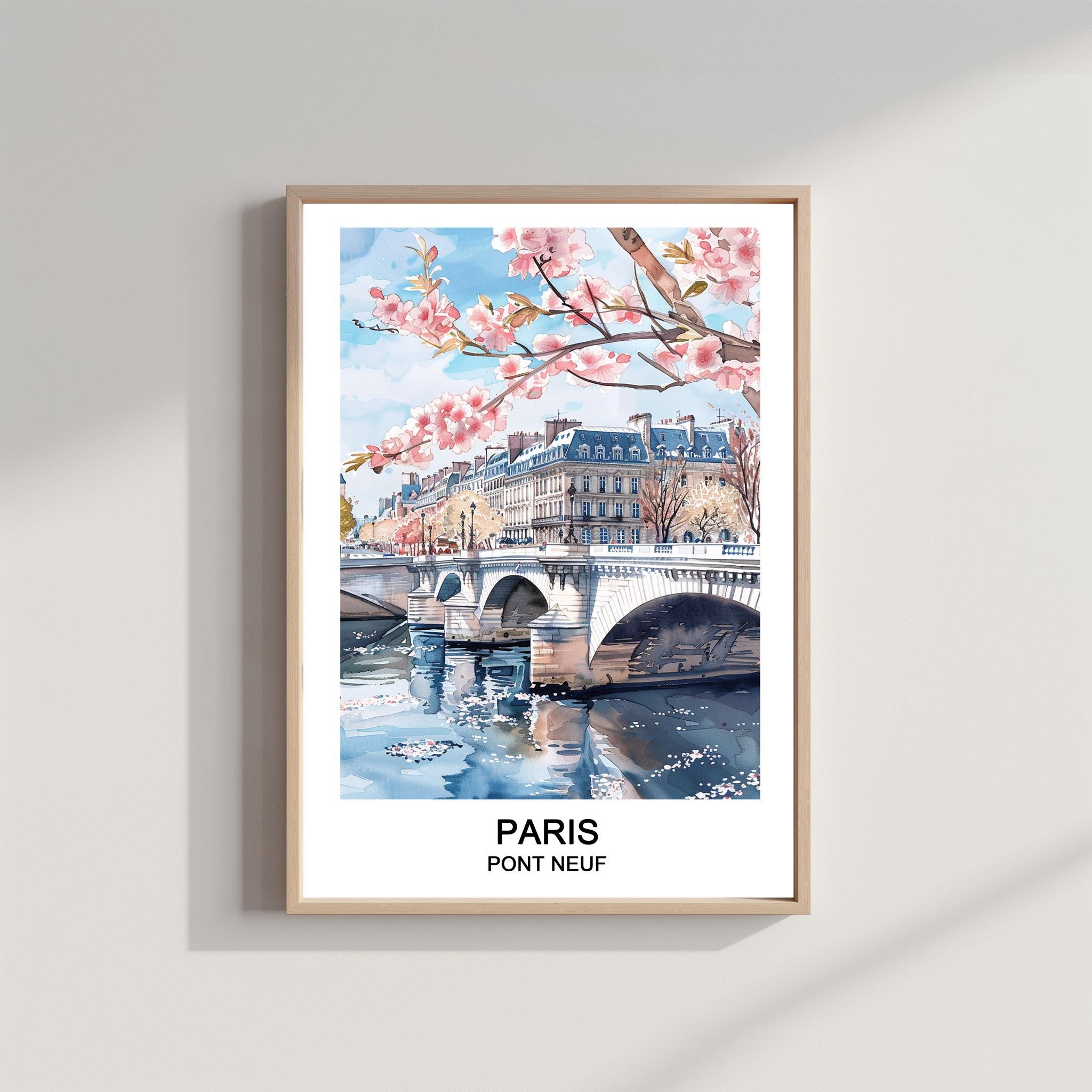 パリ「ポンヌフ」水彩画 パリのポンヌフ橋：水彩画の旅行ポスター（ダウンロード可能なアート