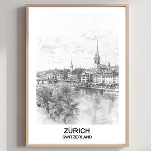 Zürich Schweiz Bleistift Skizze Druck Wandkunst Schweizer Wandbehang Dekoration Zürich Geschenk Kunstliebhaber Druck Herunterladbare Schweiz Kunst