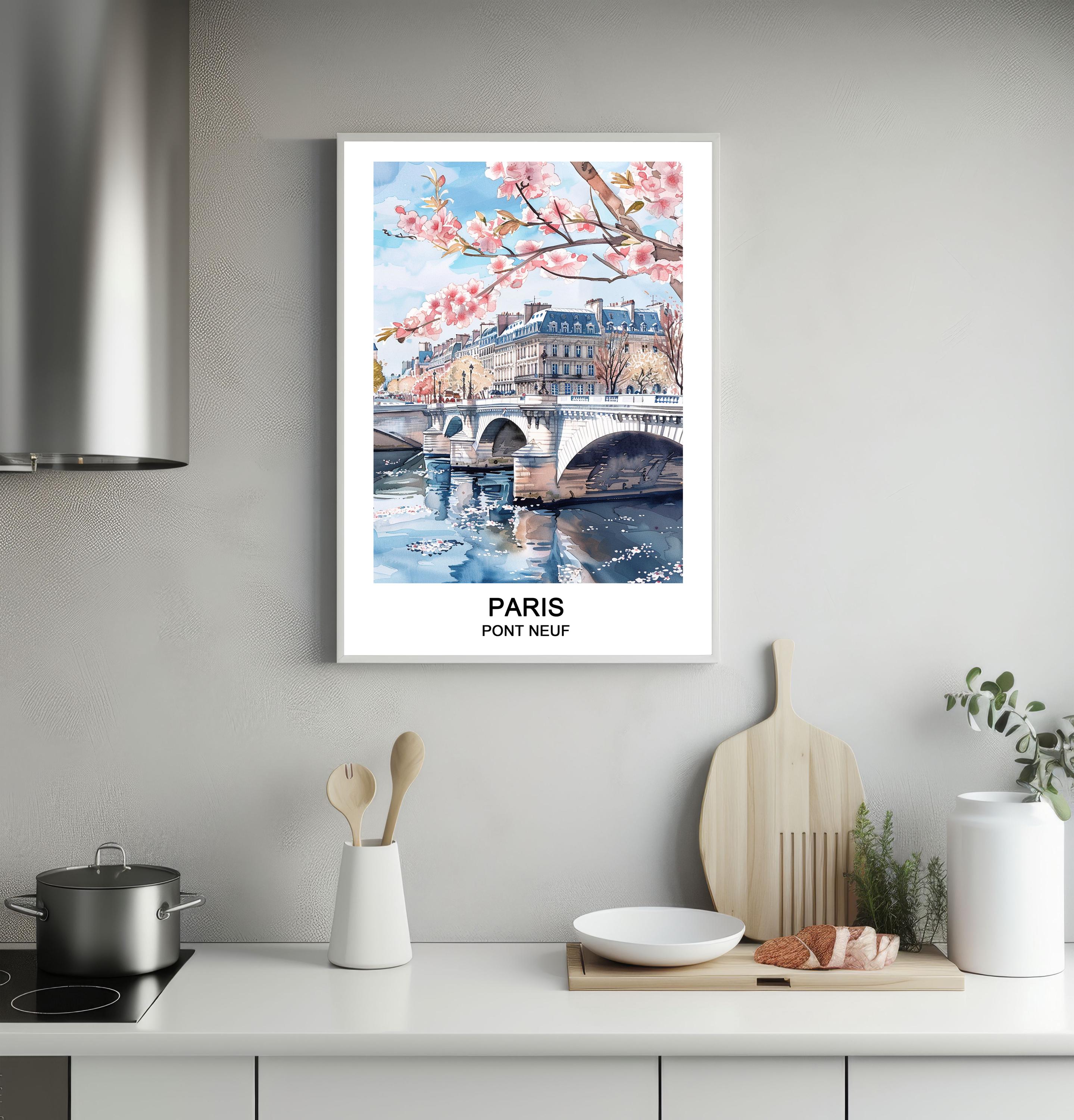 パリのポンヌフ橋：水彩画の旅行ポスター（ダウンロード可能なアート