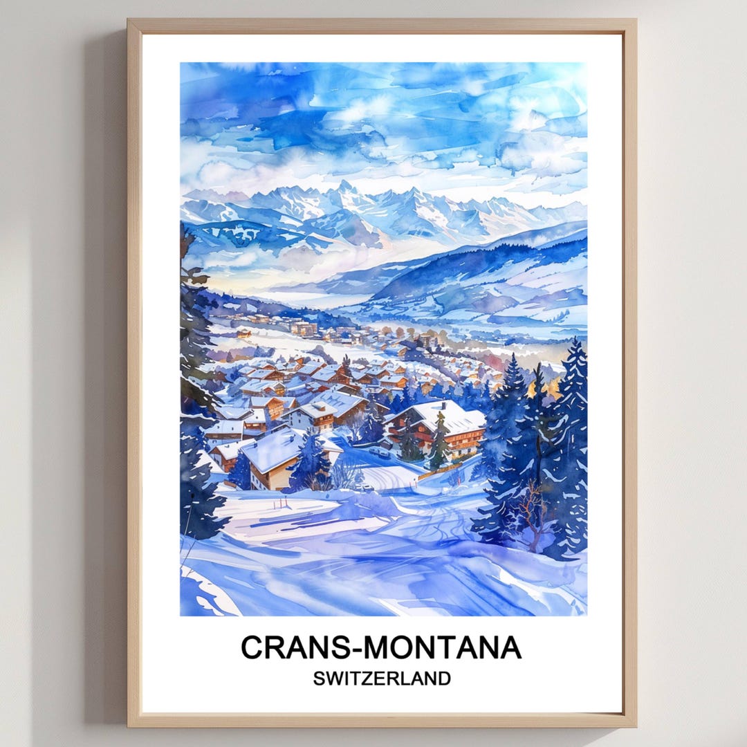 クラン・モンタナ・スキーリゾート水彩画：スイス旅行ポスター（デジタルダウンロード） - Etsy 日本
