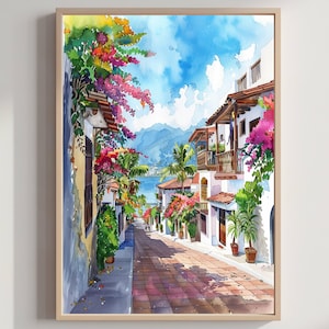 May include: Watercolour painting of a sunlit street scene. White buildings with red tile roofs line the brick-paved road. Bougainvillea flowers in pink, red, and yellow cascade from the balconies and walls. A blue sky and ocean are visible in the distance.