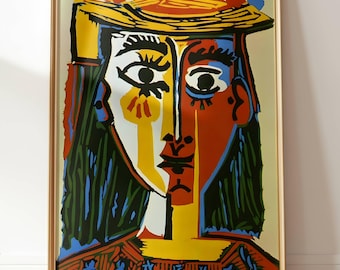 Bust of a Woman with a Hat: 1962 Cubist Portrait Wall Hanging by Pablo Picasso Fine Art Print Gallery Print Classic Painting