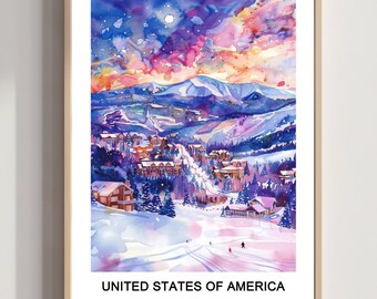 Impresión artística en acuarela de la estación de esquí de Breckenridge, Colorado (descarga digital)