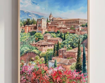 Impressão em aquarela do Palácio de Alhambra: pôster de viagem de Granada, Espanha (download digital)