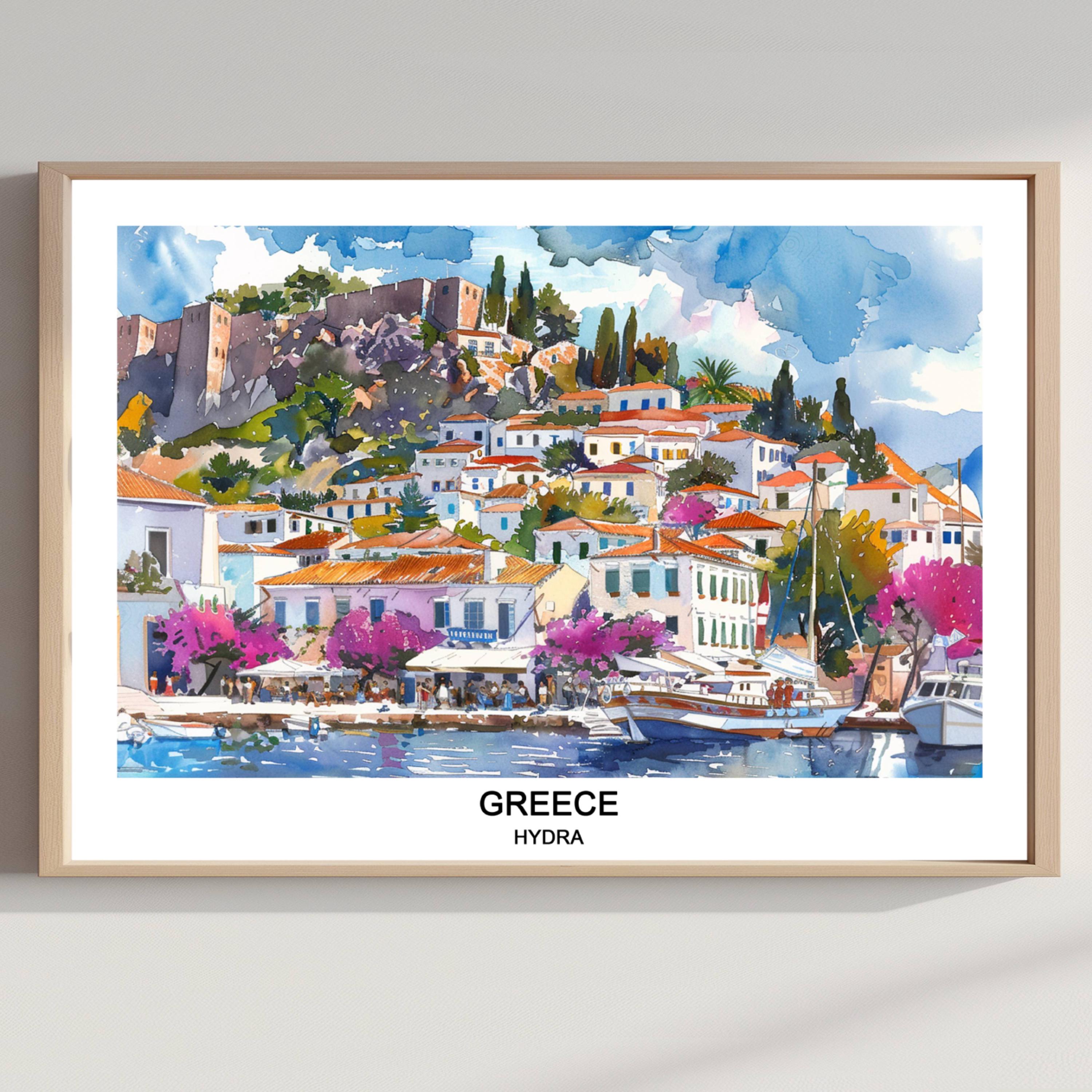 ギリシャのイドラ島水彩画：島旅アート（デジタルダウンロード