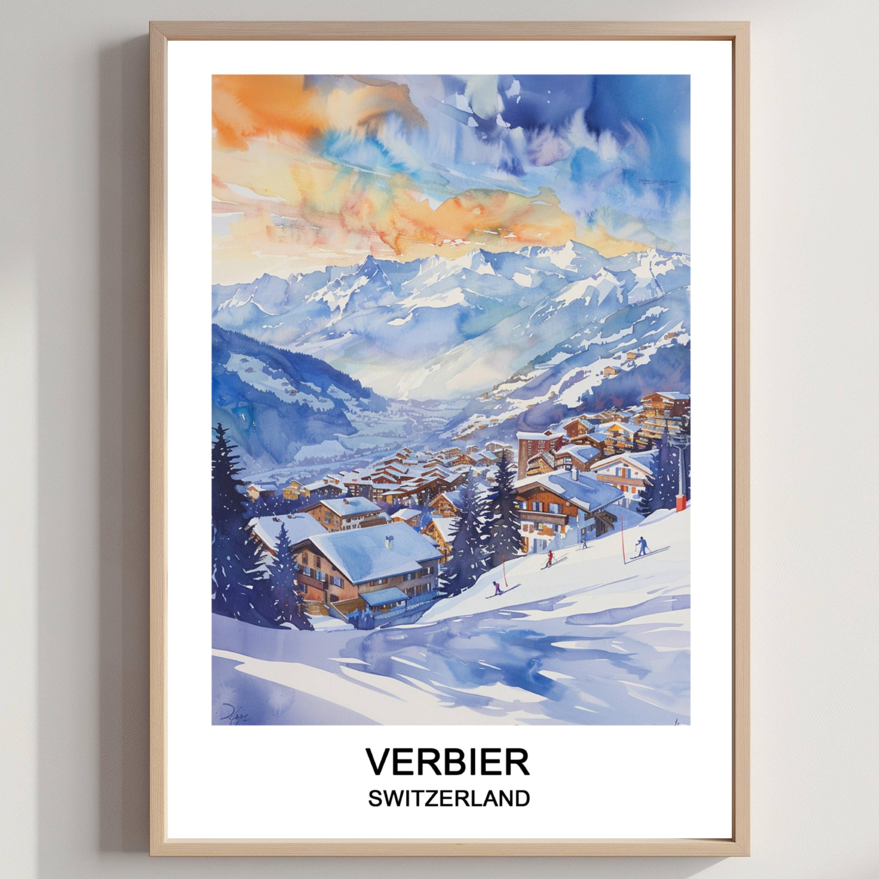 ヴェルビエスキーリゾートプリント：スイスアルプス旅行ポスター（デジタルダウンロード - Etsy 日本