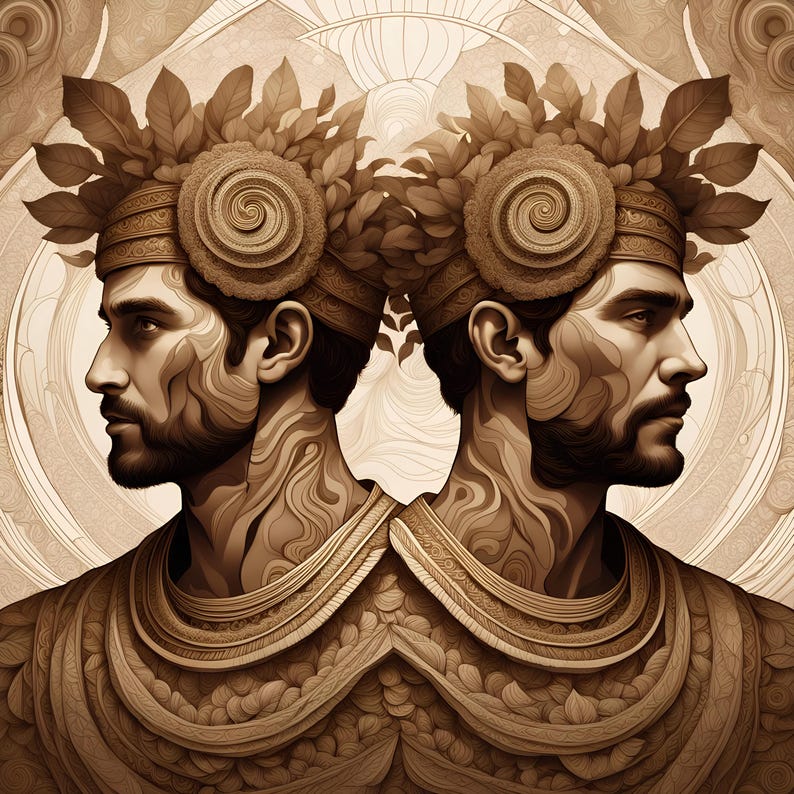 Puede incluir: Dos hombres con intrincados tatuajes en espiral en sus caras y cuellos, usando elaborados tocados con dise&ntilde;os de hojas y detalles dorados. Los hombres est&aacute;n mirando hacia adelante, con sus cabezas ligeramente inclinadas hacia un lado. El fondo es un patr&oacute;n de espiral de oro y blanco.