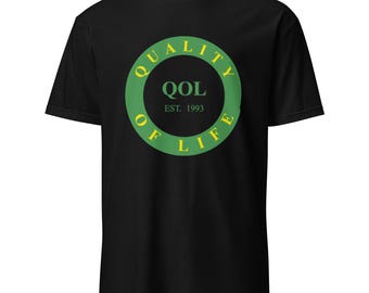 May include: Black t-shirt with a green circle graphic that says "Quality of Life" with the acronym "QOL" and "Est. 1993" inside the circle.