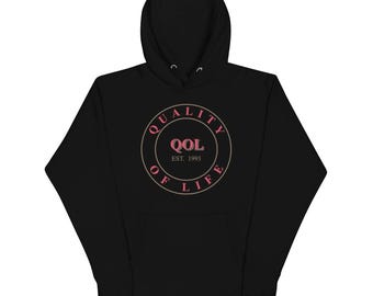 Quality of Life Unisex Hoodie, Old Gold/Red/Blk Logo, by Peeled Back University