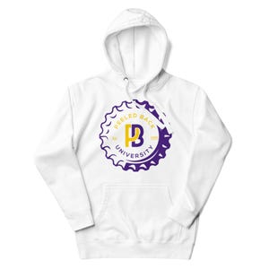 May include: White hooded sweatshirt with a purple and gold logo that says "Peeled Back University" and features a stylized letter "P" inside a circle.