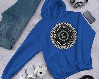 May include: A royal blue hooded sweatshirt with a silver and black logo that reads "Peeled Back University" with the text "First Round's On Me" and "Est. 1993" inside the logo.