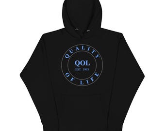 Quality of Life Unisex Hoodie, Aqua/Navy Logo, by Peeled Back University