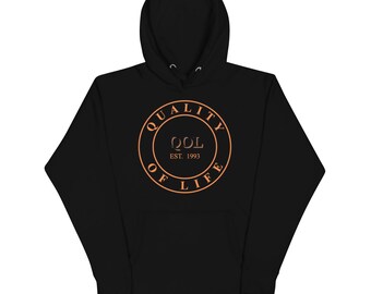 Quality of Life Unisex Hoodie, Orange/White/Blk Logo, by Peeled Back University