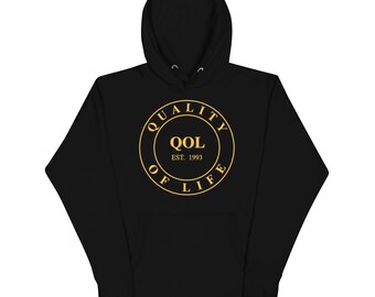 Quality of Life Unisex Hoodie, Gold/Navy Logo, by Peeled Back University