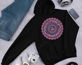 May include: Black hooded sweatshirt with a pink and white circular graphic that says "Peeled Back University" and "First Round's On Me Est. 1993".