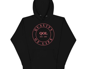 Quality of Life Unisex Hoodie, Red/Navy Logo, by Peeled Back University