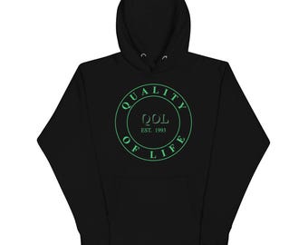 Quality of Life Unisex Hoodie, Kelly Green/White/Blk Logo, by Peeled Back University