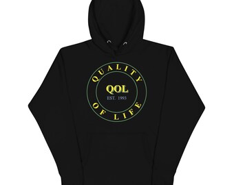 Sudadera unisex Quality of Life, logotipo dorado/verde lima