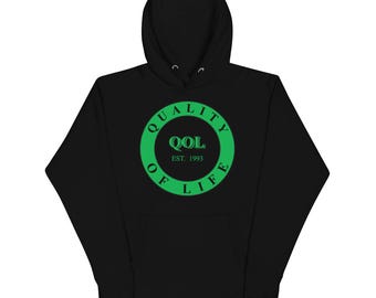 Quality of Life Unisex Hoodie, Kelly Green/White/Blk Logo, by Peeled Back University