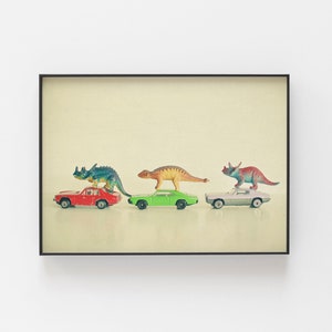 Dinosaur Decor, Dinosaur Art, Boys Room Wall Art - Dinosaurs Ride Cars