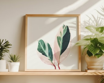 Botanical House Plant Print in Pink and Green for a Modern Home / Office - Pink Leaves I