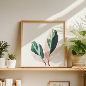 Botanical House Plant Print: Pink and Green Leaves, Modern Home Decor
