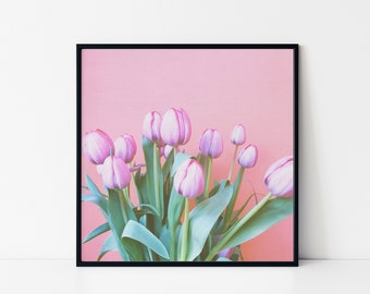 Sprint Tulip Flower Print, Pretty Pink and Green Floral Wall Art - Spring Tulips
