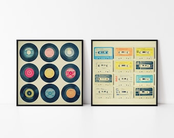 May include: Two framed prints of vintage music memorabilia. The left print features nine black vinyl records with colorful labels. The right print features 16 cassette tapes with colorful labels.