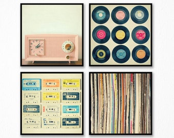Set of 4 Music Prints, Retro Vinyl Record, Cassette Tape and Radio Photographic Art