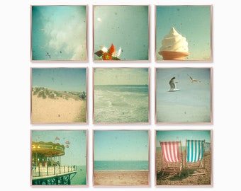 May include: A collage of nine vintage-style photos depicting various seaside scenes. The photos feature a beach with sand dunes, a beach with blue water, a beach with deck chairs, a carousel, a seagull flying, and a scoop of ice cream.