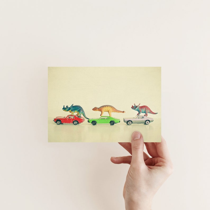 Dinosaur Greeting Card, Retro Toy Car Card Dinosaurs Ride Cars image 2