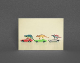 Carte de voeux dinosaure, carte petite voiture rétro - Dinosaurs Ride Cars