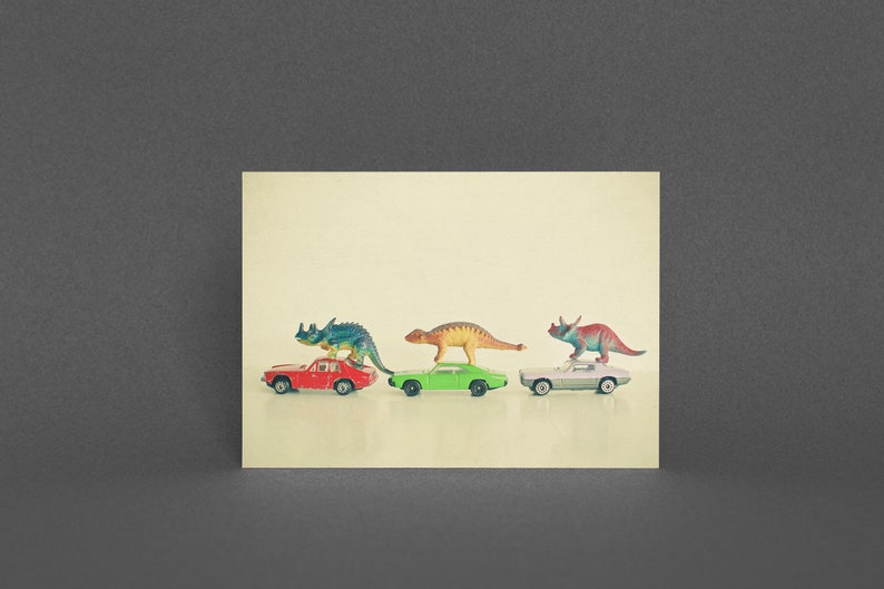 Dinosaur Greeting Card, Retro Toy Car Card Dinosaurs Ride Cars image 1