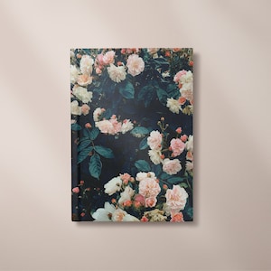 May include: A dark blue notebook cover with a floral pattern of pink and white roses. The roses are arranged in a dense pattern, creating a romantic and elegant design.