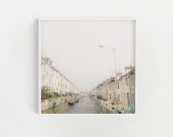 City Art, Pastel Wall Art, England, Pink and Grey Print - Rainy Sunday