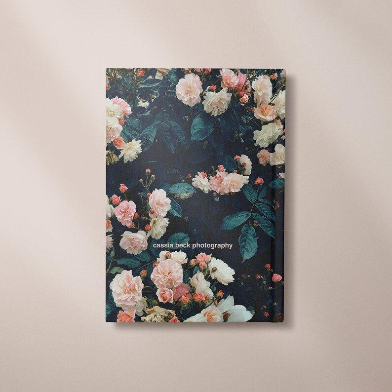 May include: A close-up of a floral print with pink and white roses on a dark green background. The text "cassia beck photography" is printed in white on the bottom of the image.