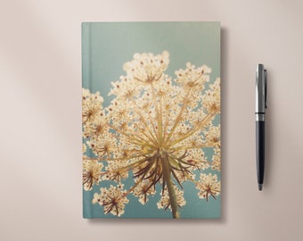 Hardback Blue Floral Notebook, Flower Journal 5x7/A5/A4 - Queen Anne's Lace