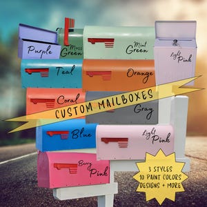May include: A collection of custom mailboxes in various colors, including purple, moss green, mint green, teal, orange, coral, gray, blue, light pink, and berry pink. The image shows different styles and designs.