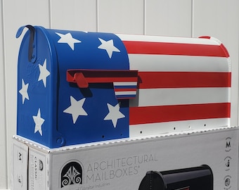Buzón con bandera estadounidense en 3 tamaños, personalizado, pintado en rojo, blanco y azul, decoración con la bandera de EE. UU. para regalo familiar patriótico.