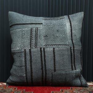 20x20 Dark Blue Patchwork Pillow Cover |Authentic Hemp Pillow, Anatolian Hemp Cushion, Throw Pillow Cover, Vintage Case, Decorative, A-177