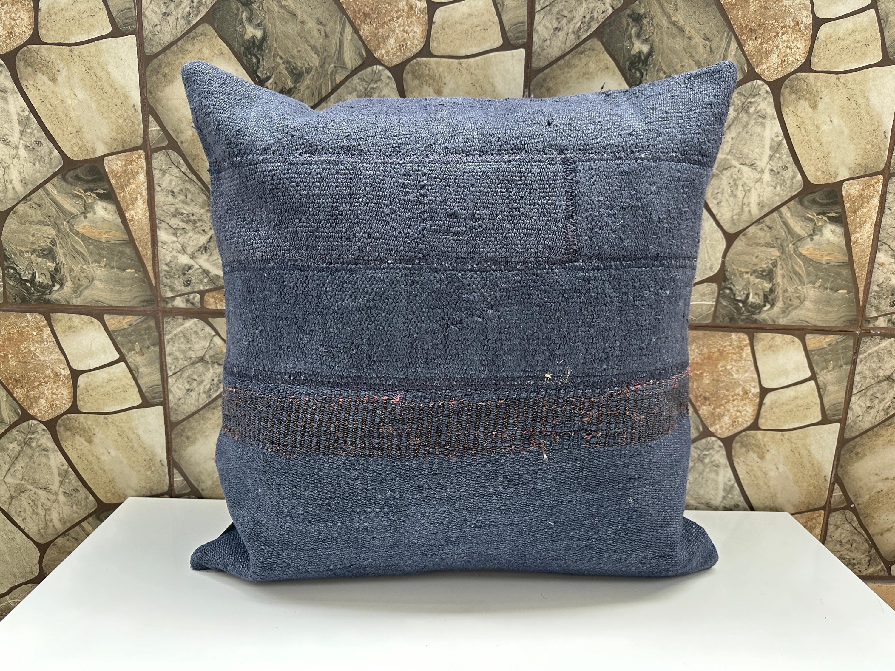 クッションカバー vintage cusion cover ,075 Dark Blue Hemp Pillow Cover, 24x24 Vintage Cushion Cover, Natural